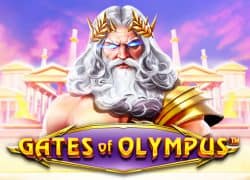 Mythical Zeus character with golden gates, promoting Gates of Olympus casino game.