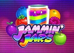 Bright colorful Jammin' Jars slot game with fruit symbols and vibrant background.